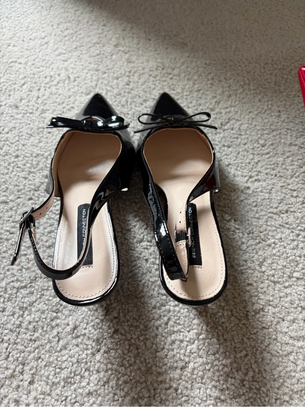 French Connection Black Patent Pointed Toe Slingback Pumps with Bow